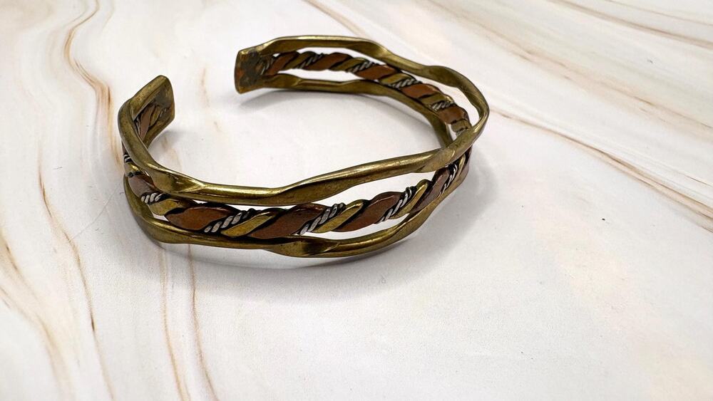 Vintage Tri Metal Twisted Wire Cuff Bracelet Brass Copper Braided Bangle 6.5